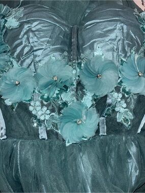 Teal Floral Appliqué Tulle Fairy Gown